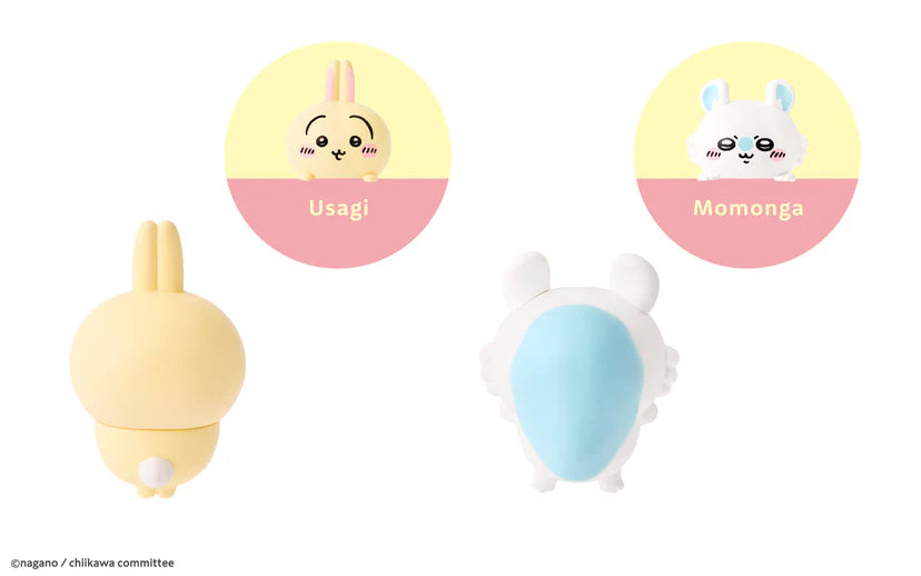 HIPPERS CHiiKAWA mini figures featuring Usagi and Momonga, shown in both front and underside views, with removable adhesive for attaching to everyday items.
