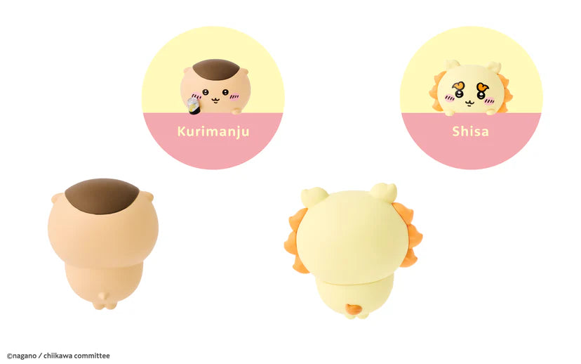 HIPPERS CHiiKAWA promotional image showing front and back views of Kurimanju and Shisa mini figures, part of a self-adhesive decorative line.