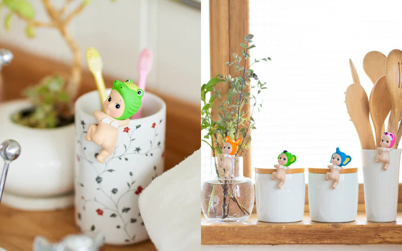 Sonny Angels - HIPPERS Looking Back Series mini figures in blind boxes. Adhesive tape for versatile sticking. Perfect for phone, shelf, or desk. Unique animal headgear designs for sweet dreams.