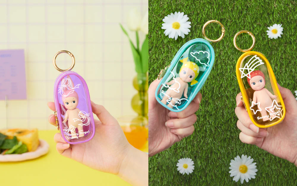 Sonny Angel My Bestie Case, a clear protective holder for mini figures, with a belt for secure attachment to bags, available at Strangecat Toys.