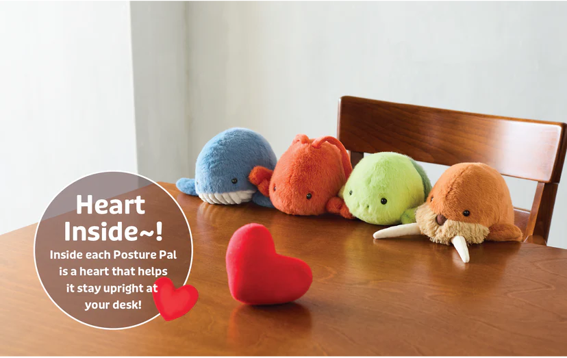 Posture Pal - Marine plushies: heart-shaped plush with whale, fish, turtle, and walrus for desk posture support, ideal for comfort and motivation at work.