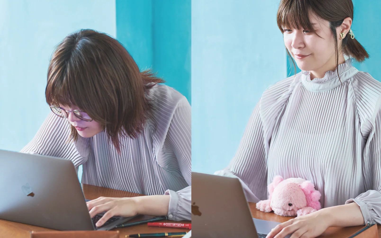 Woman using laptop with axolotl-shaped Posture Pal on desk, promoting good posture. A cute plush toy designed for ergonomic support while working.