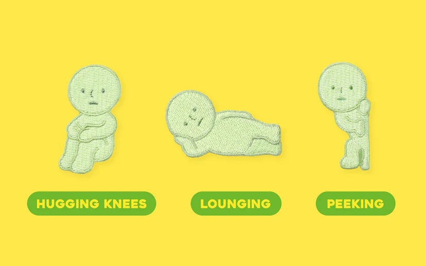 SMISKI Embroidery Sticker set features three playful poses: hugging knees, lounging, and peeking, ideal for zippers with a glow-in-the-dark charm.