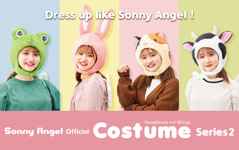Sonny Angel Costume - Series 2 features women in cow, frog, cat, and rabbit headgear with wings, perfect for cosplay or events.