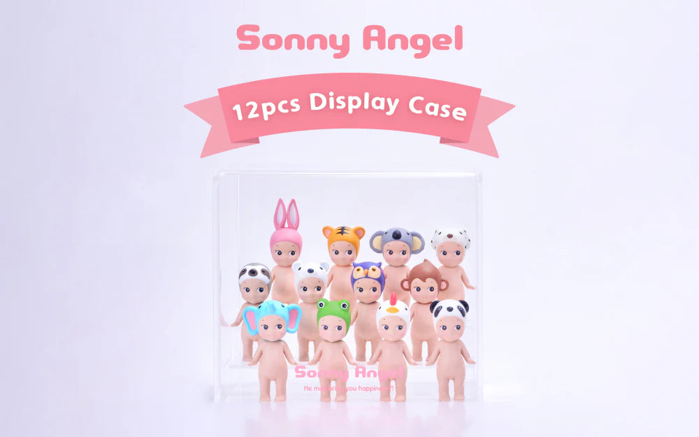 Sonny Angel Acrylic Display Case holding 12 cherub figurines with animal hats, showcasing the perfect display for Sonny Angel collectors. Figures not included.