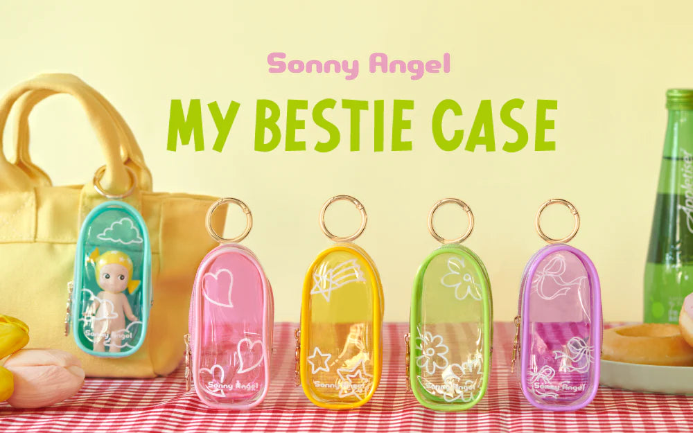 Sonny Angel My Bestie Case: a clear, lightweight protective case with a belt for securing mini figures, perfect for attaching to bags. Minifigures not included.