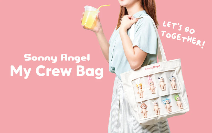 Woman holding a Sonny Angel My Crew Bag with toys visible, showcasing a customizable tote perfect for carrying Sonny Angel figures.