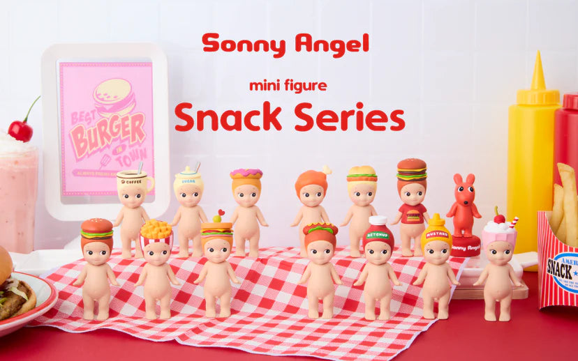 Sonny Angel - Snack Series: Mini figurines with snack-themed hats, like cheeseburgers and doughnuts, on a picnic-style display with diner decor elements.