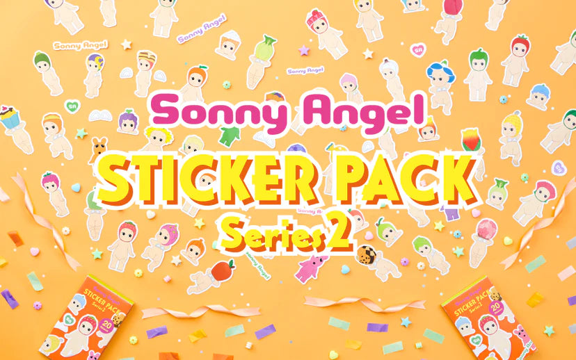 Sonny Angel Sticker Pack - Vol. 2 featuring cartoon characters and confetti, ideal for customizing items with water-resistant, die-cut designs.
