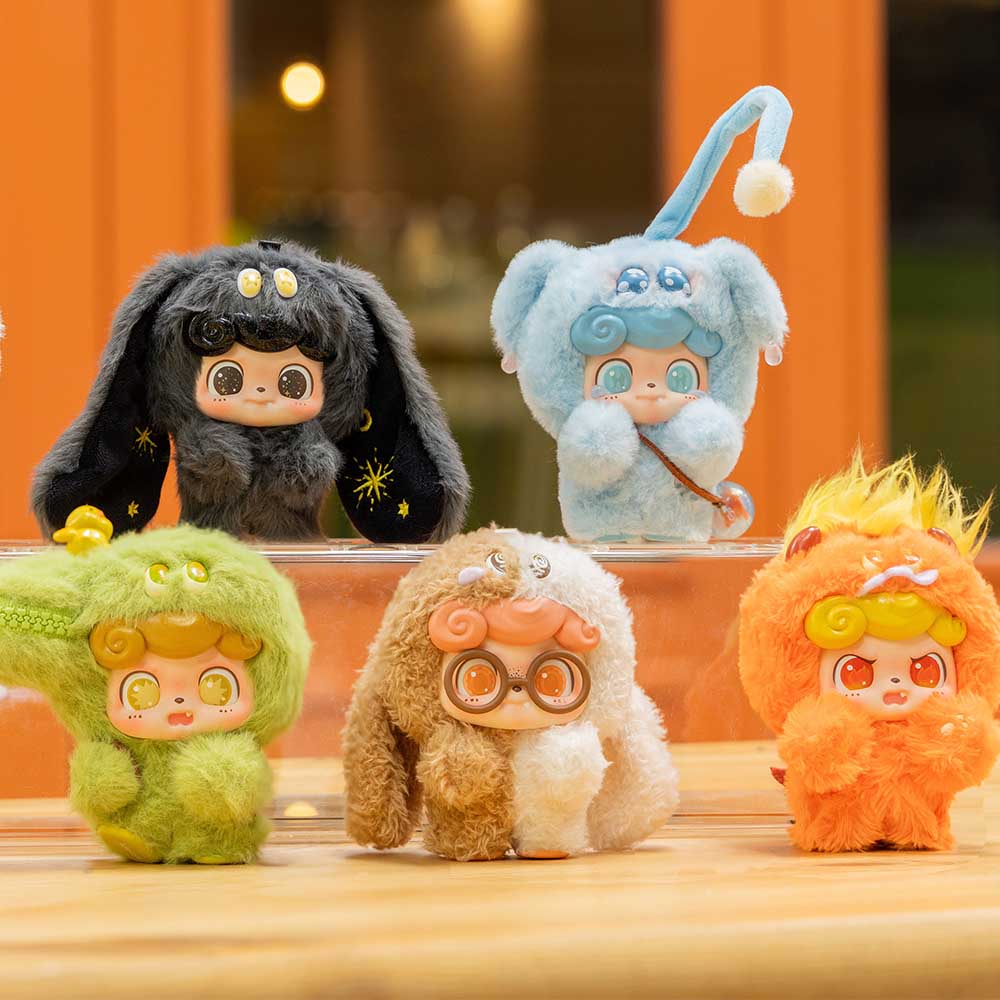 Q.Kid Emotional Hairy Monsters Series Plush Blind Box featuring 6 designs and 1 secret option, available in full case format. Ideal for art toy enthusiasts.