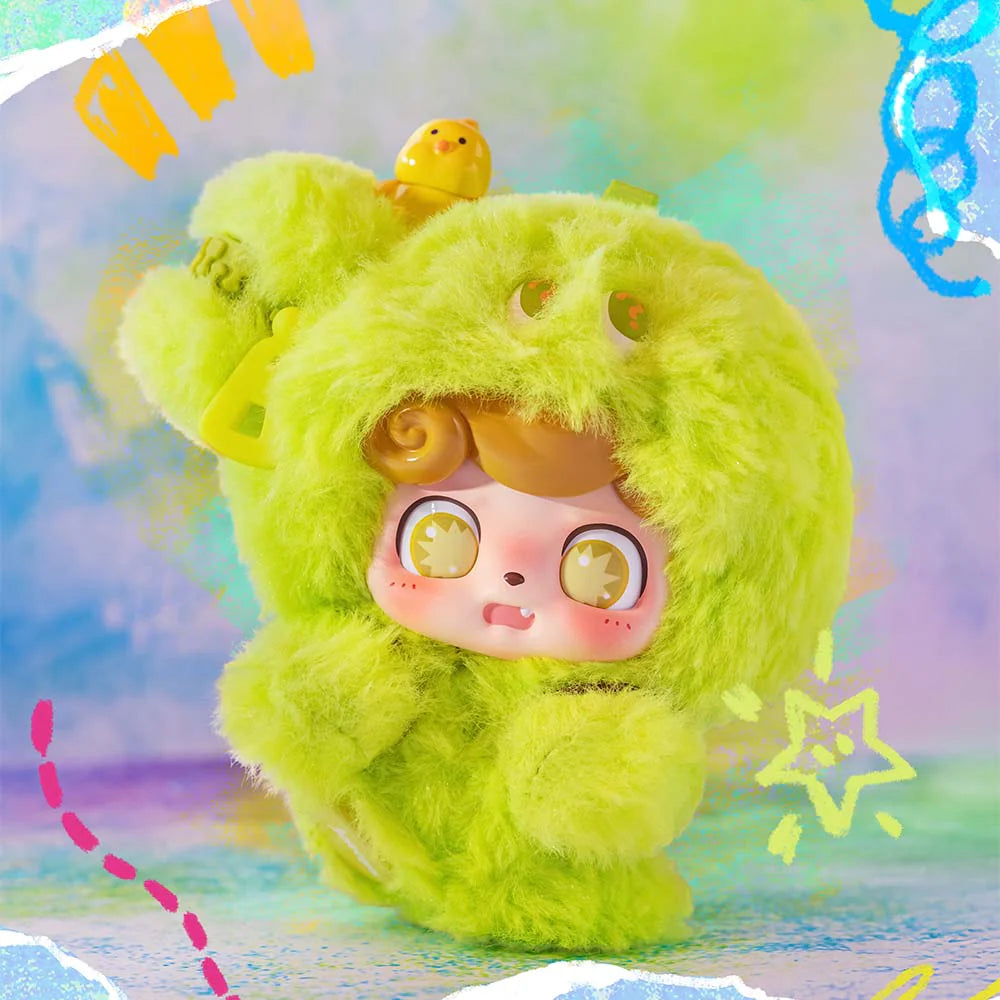 Q.Kid Emotional Hairy Monsters Series Plush Blind Box, featuring 6 unique plush designs with a potential secret variant, displayed in a compact case.