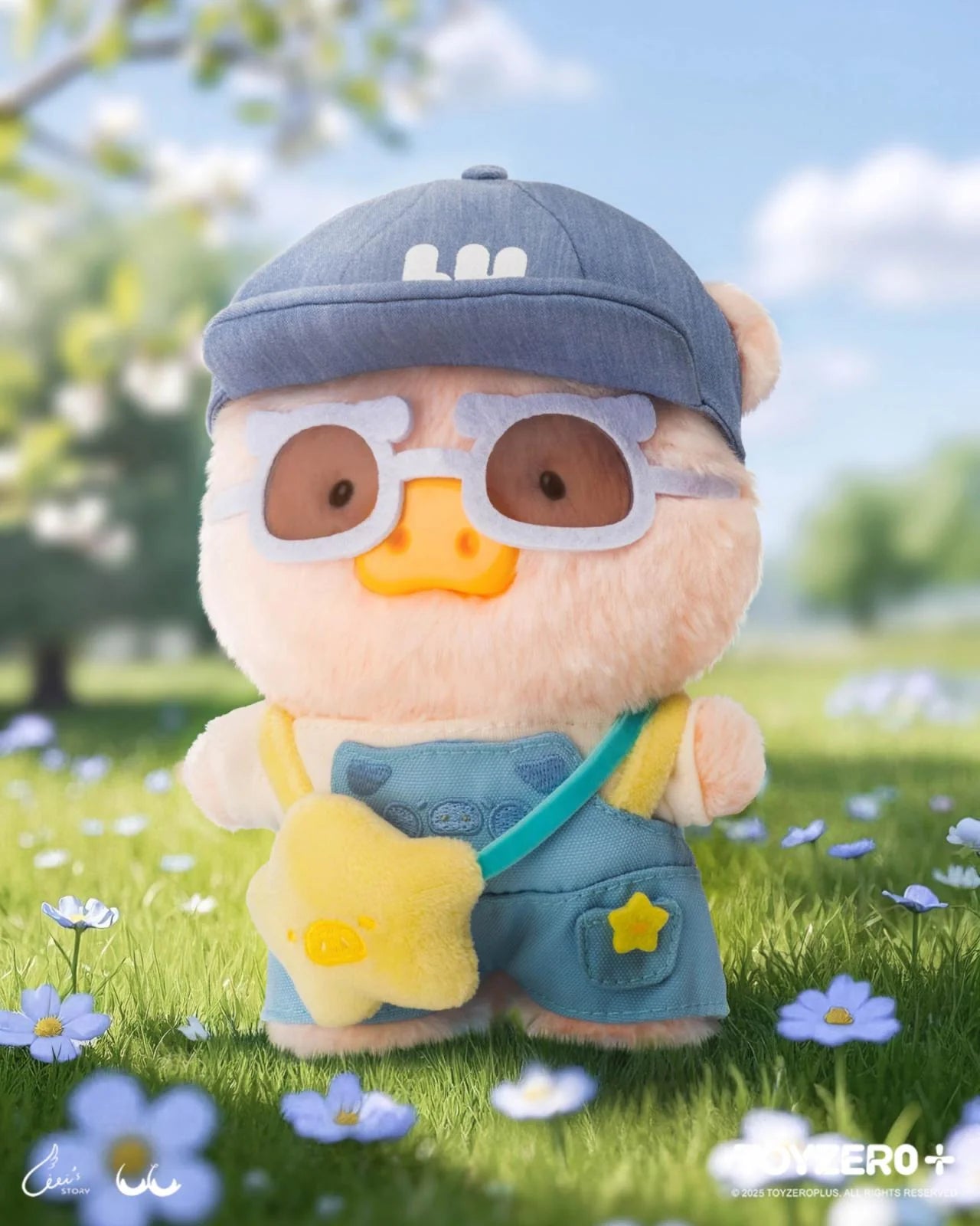 LuLu the Piggy wears a stylish cap and sunglasses, nestled in a vibrant flower field, embodying playful travel fashion for preorder at Strangecat Toys.