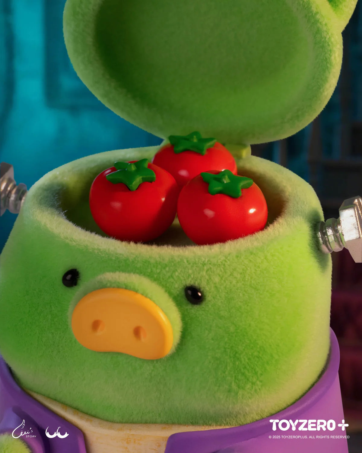 LuLu The Piggy - Surprise Can 2 (Terror Castle) toy: 3D fuzzy green plush with open head revealing tomatoes, featuring metal details, preorder for Halloween-themed adventure.