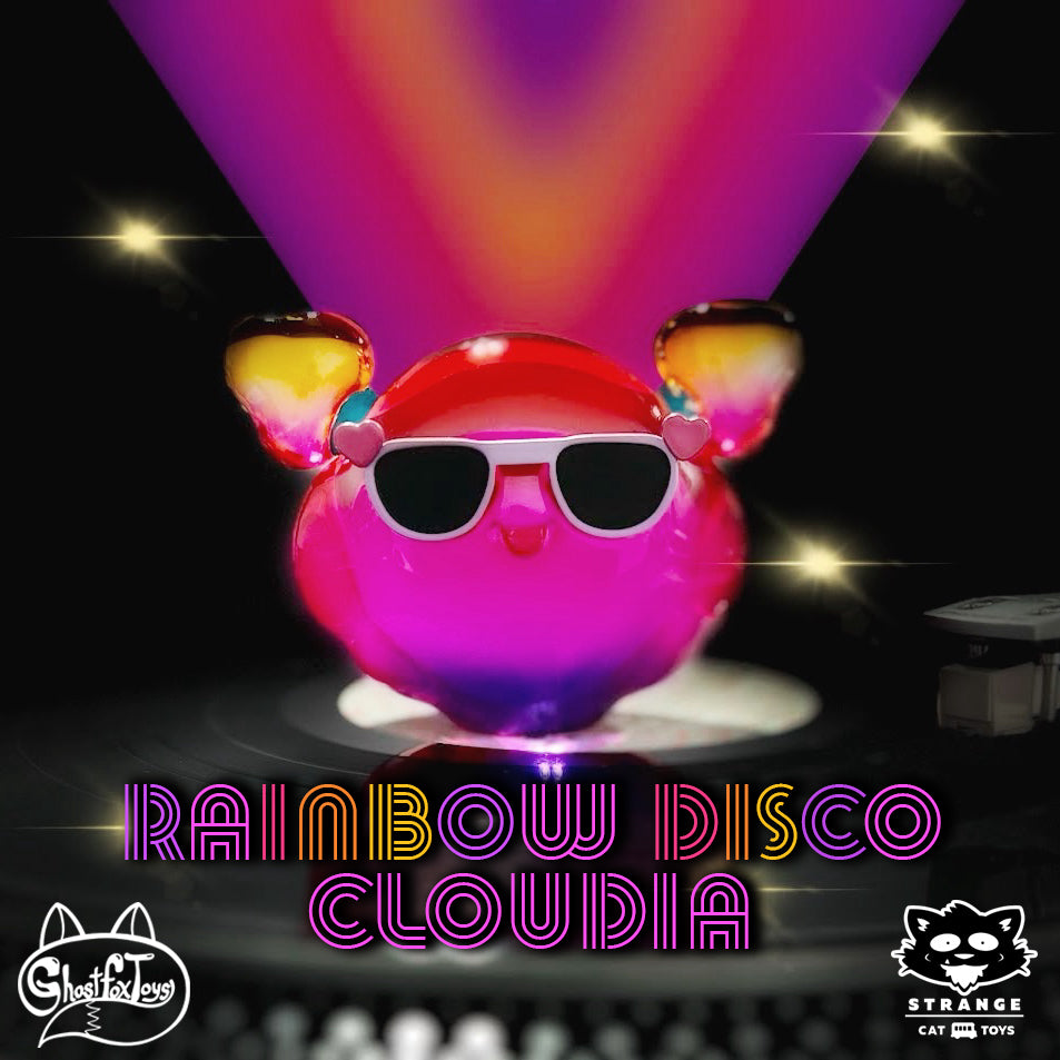 Your Girl Cloudia - Rainbow Disco Edition by Ghost Fox Toys, a resin toy with sunglasses, limited to 50 pieces, featuring glitter accents, measuring 4.5 x 3.