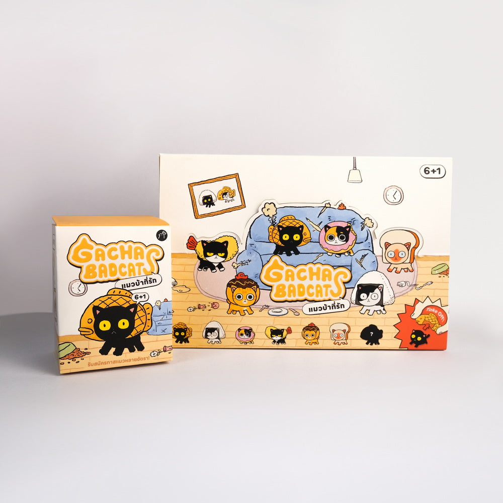 Gacha Bad Cats Blindbox series features mischievous cartoon cats in retail boxes, offering 6 regular designs and a secret collectible.