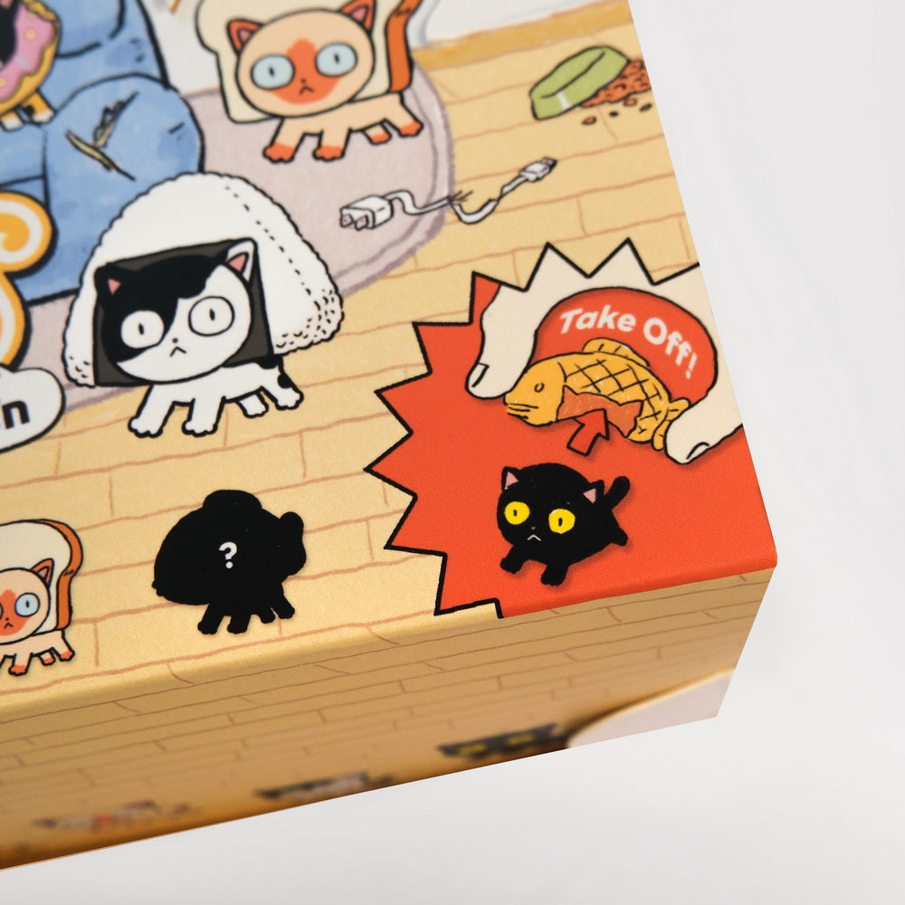 Gacha Bad Cats Blindbox features cartoon snack cats, including donut and rice-ball designs, with a mystery figure silhouette hinting at a secret character.