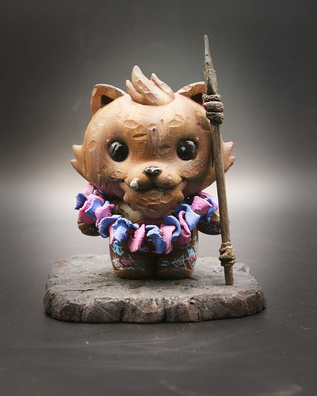 Grandpa & Friends 2 - Tiki Tooth vinyl figurine by Richard Page, depicting a 4 tall cat holding a staff, designed by InPrimeWeTrust.