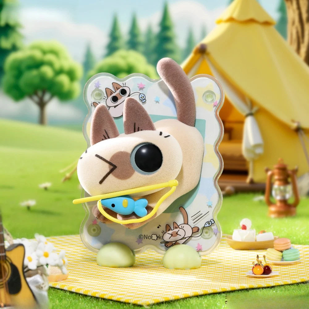 Azukisan Healing Moments Series Blind Box features a cartoon-style cat toy with a yellow hoop and blue fish, displayed on a picnic scene.