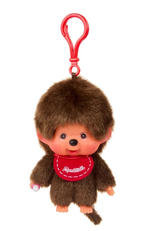 Monchhichi SS BH Boy Keychain featuring a plush monkey with a red bib and clip, ideal for attaching to bags or keys.