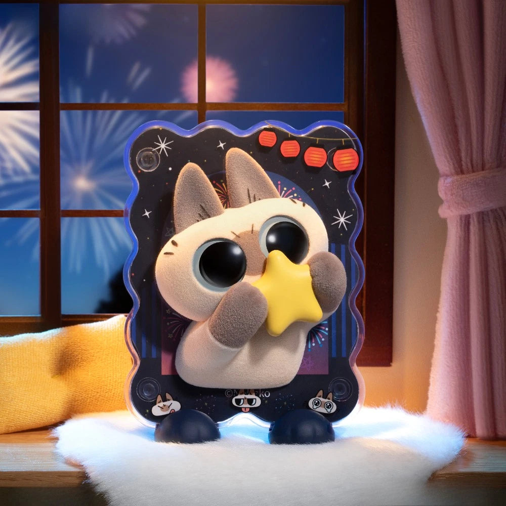 Azukisan Healing Moments Series Blind Box: Plush-textured cat holding a star, with decorative features like red lanterns and cartoon cat stickers on a windowsill.