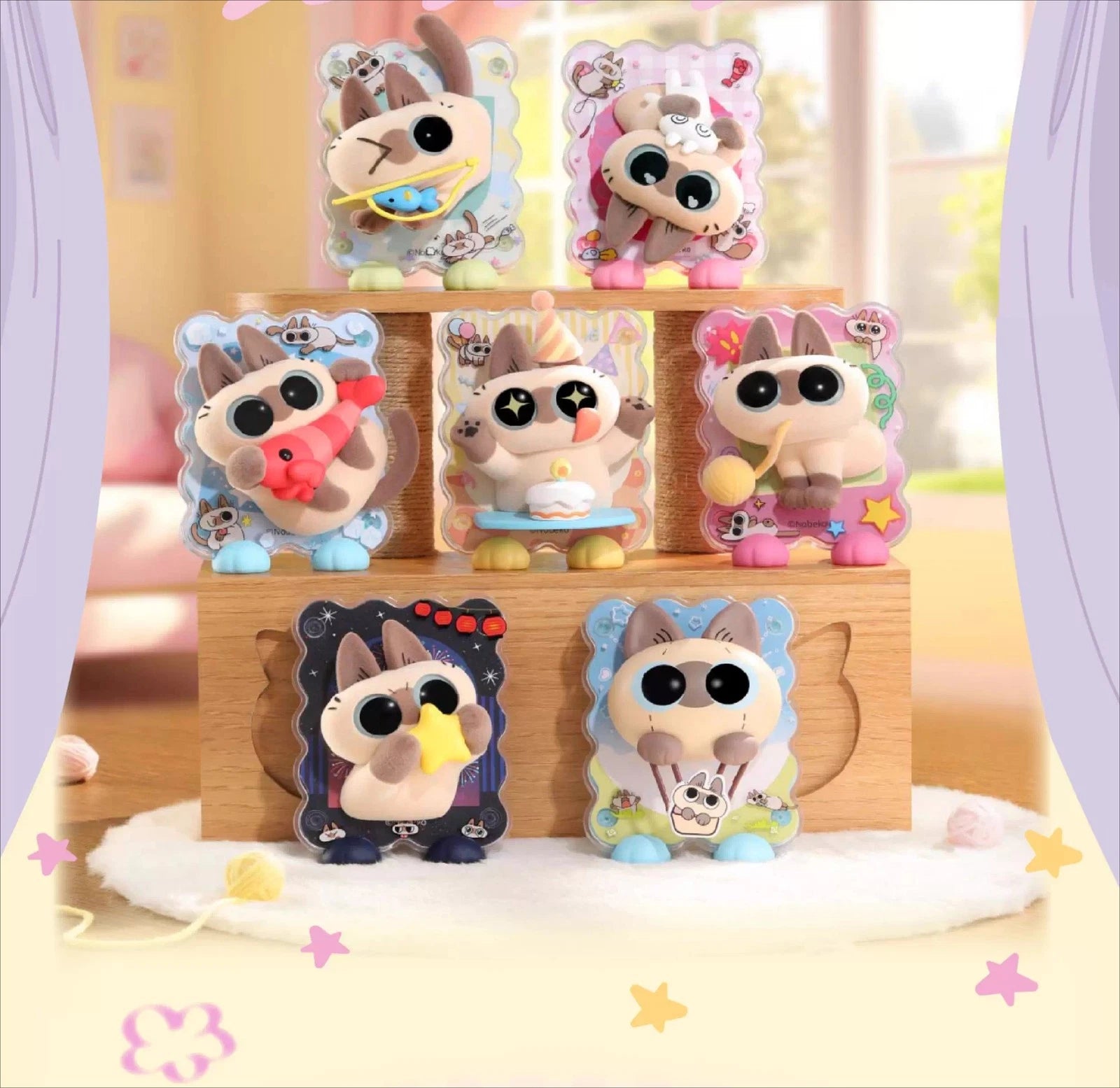Azukisan Healing Moments Series Blind Box features seven kawaii cat figurines on tiered blocks, each with unique accessories, perfect as collectible desk ornaments.