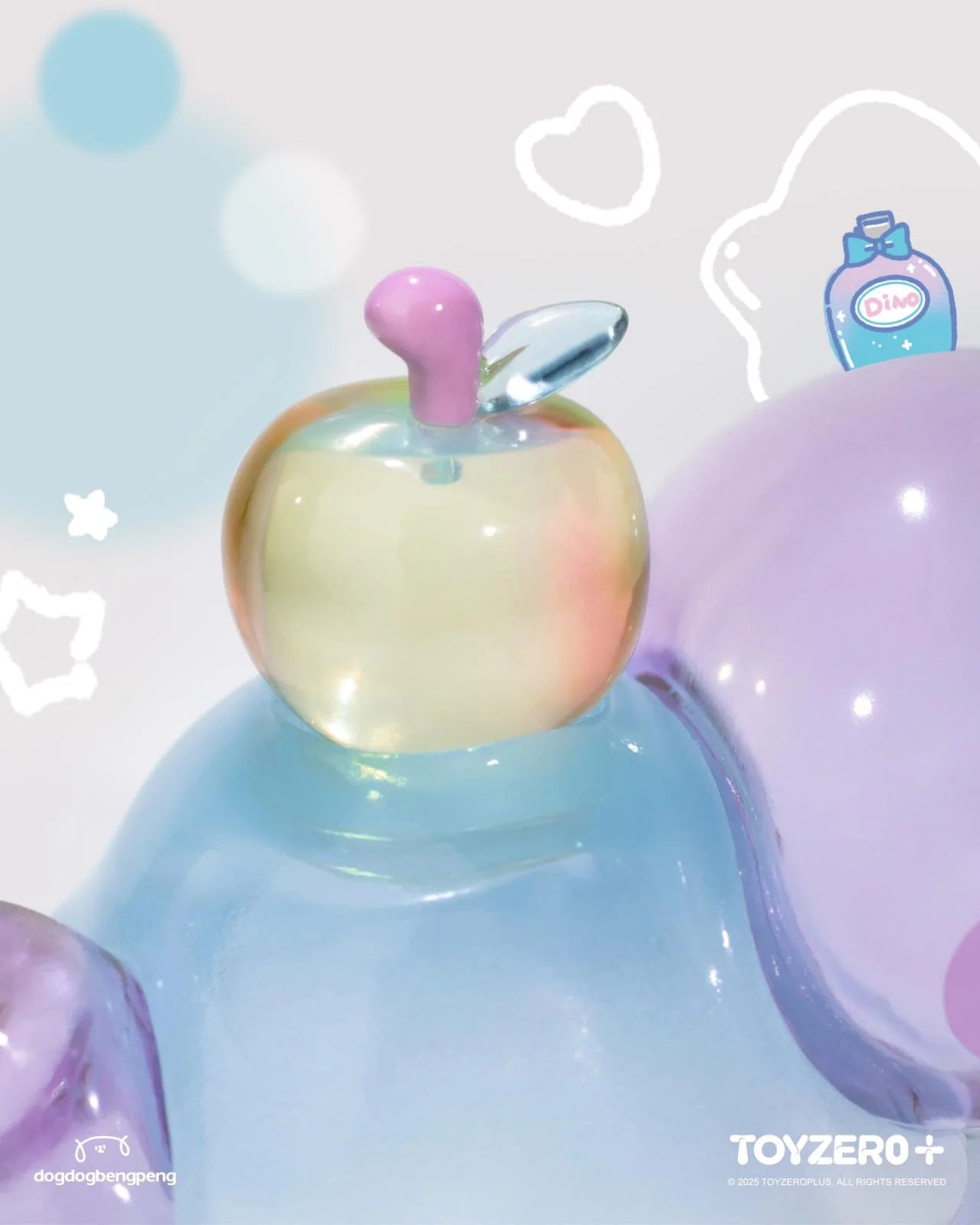Foodie Dinosaur - Mini Fuji Perfume Bubble: A semi-translucent pastel apple atop a glossy blue base with a purple mound, designed by ToyZero+.