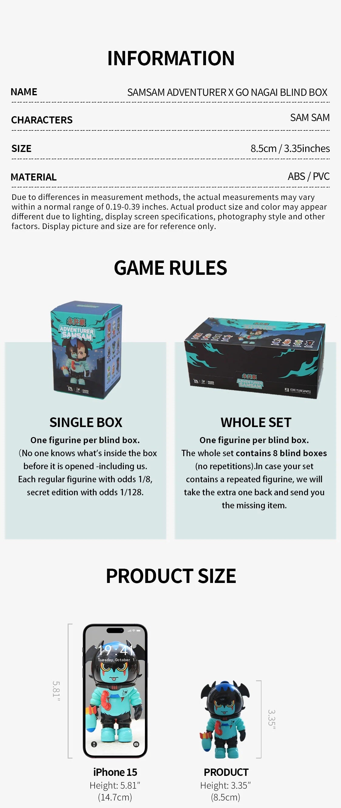 SAMSAM ADVENTURER X GO NAGAI BLIND BOX: Sam Sam figure, 8.5 cm ABS/PVC, shown with packaging and iPhone 15 for size comparison, highlighting purchase options.