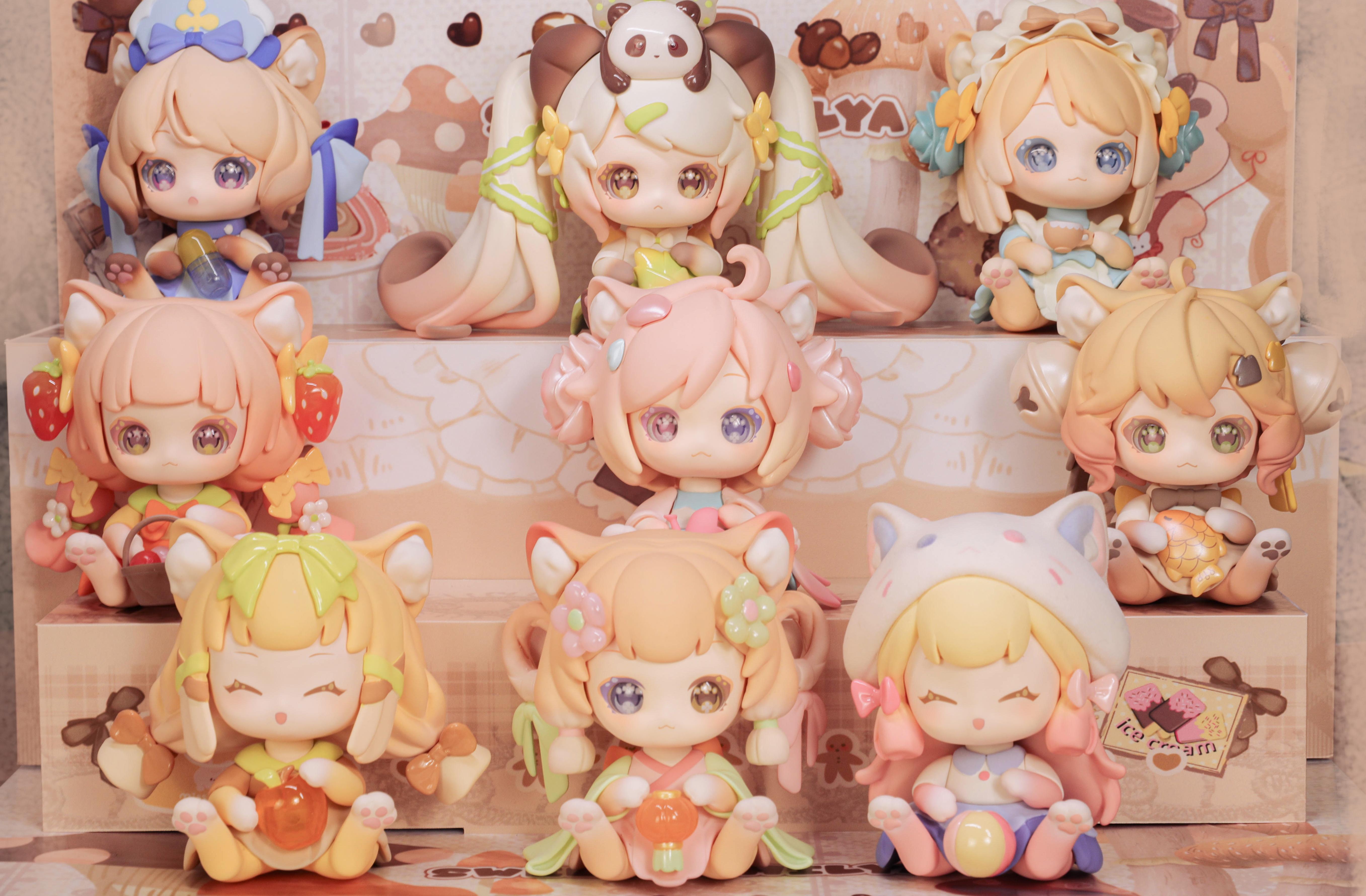 Cat Moni Magic Adventure Box Series Blind Box - Preorder figurine of a girl holding an apple, part of 8 designs with 1 secret.