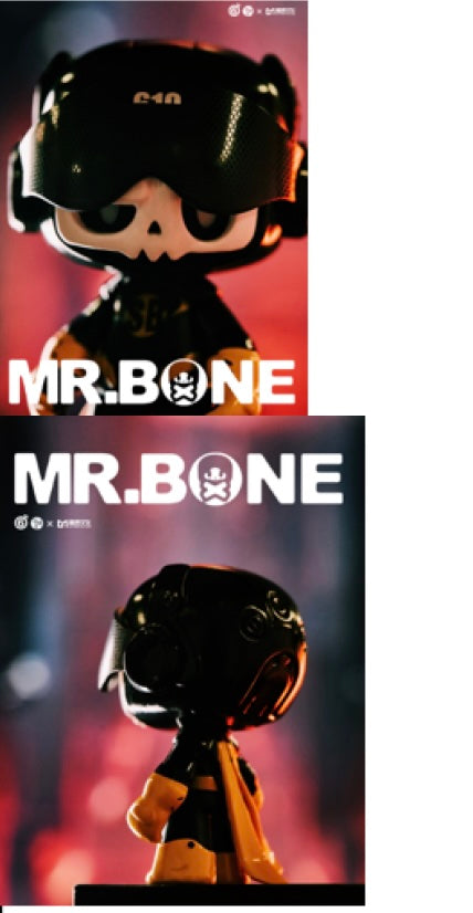 Mr Bone 75% Superbone collectible figure showcasing a skull-faced design and dark helmet, displayed front and back. Limited edition, includes mask, preorder available.