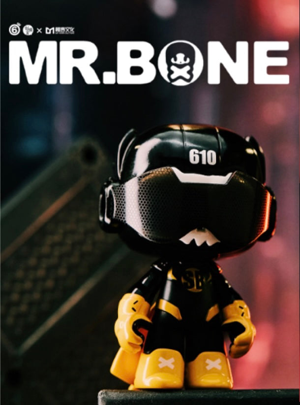 Mr Bone 75% Superbone collectible figure in superhero outfit with helmet, cape, and emblem. Preorder for limited edition 8cm PVC toy, includes mask.