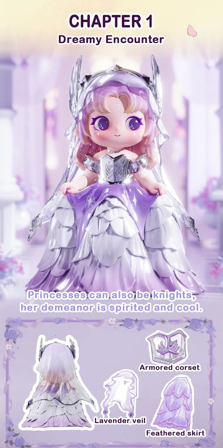 Chibi-style princess knight poster from ZIYULI My Own Wedding Series Blind Box, featuring a shiny silver armor corset, lavender veil, and feathered skirt.