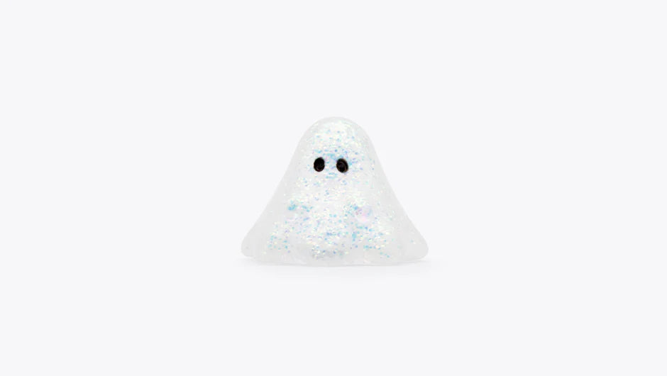 Translucent ghost-shaped BOO WHITE OPAL slime with iridescent glitter and black eyes, reflecting Strangecat Toys' unique art toy collection.