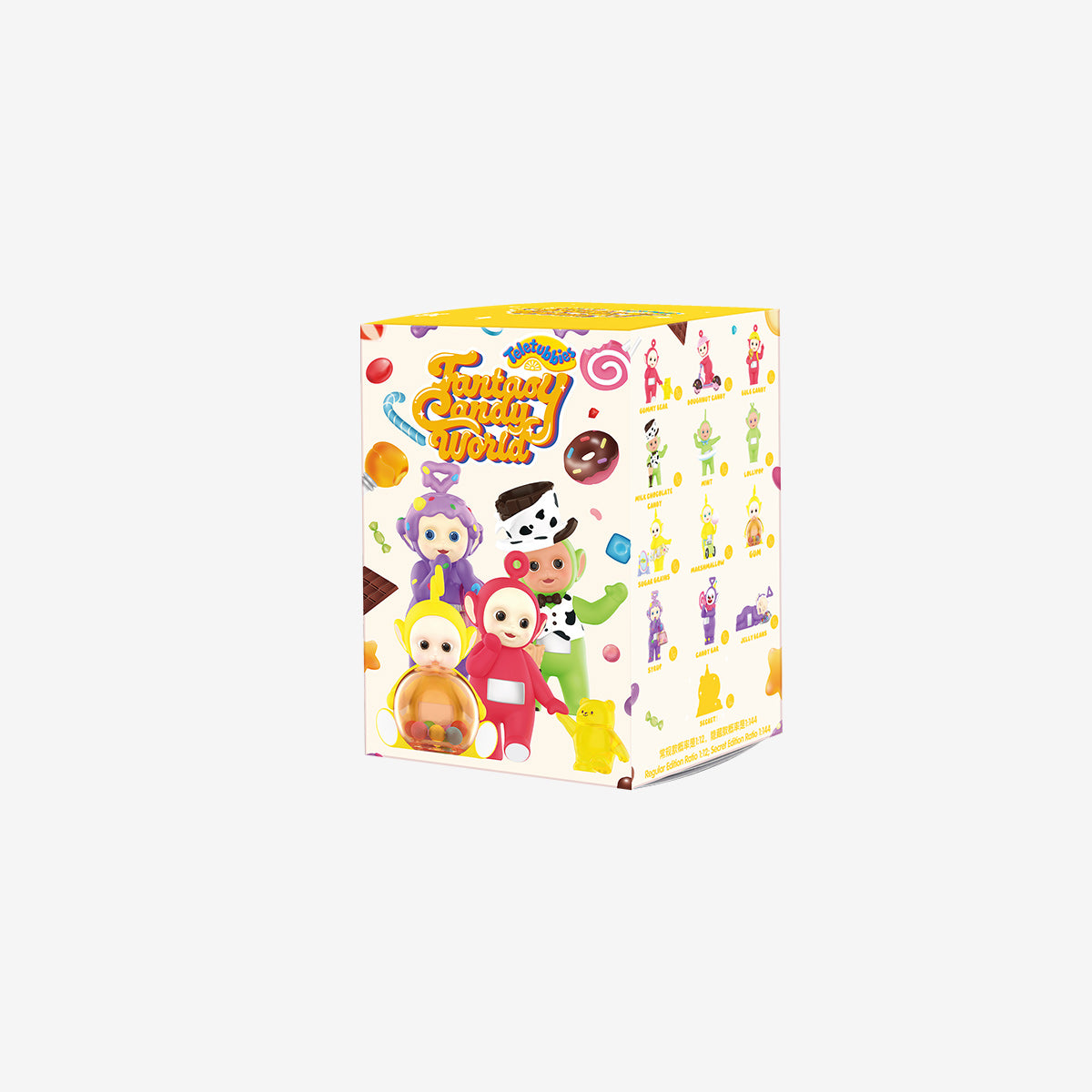 Teletubbies Fantasy Candy World Series - Preorder: Blind-box set with candy-themed Teletubbies figures, featuring 12 designs and a secret option, includes checklist.