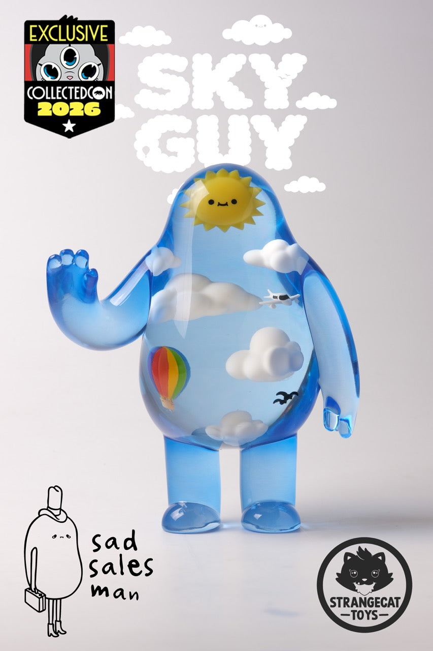 Sky Guy by Sad Salesman: a translucent figure with an interior sky scene, featuring clouds, sun, hot-air balloon, and airplane. Exclusive CollectedCon 2026 release.