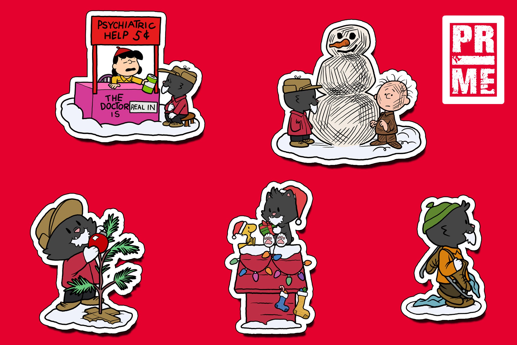 Peanuts Grandpa X-Mas Sticker Pack features five holiday scenes with a black cat in Peanuts-style settings, available for preorder.