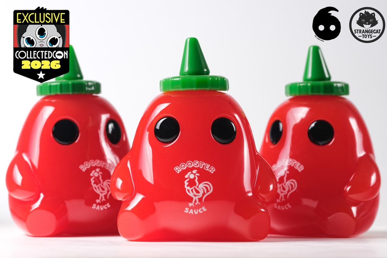 Stubby Rooster Sauce by The Lostlings: three vinyl figures resembling Sriracha bottles, featuring rooster logos and green nozzle caps. Exclusive to CollectedCon 2026, limited edition of 50.
