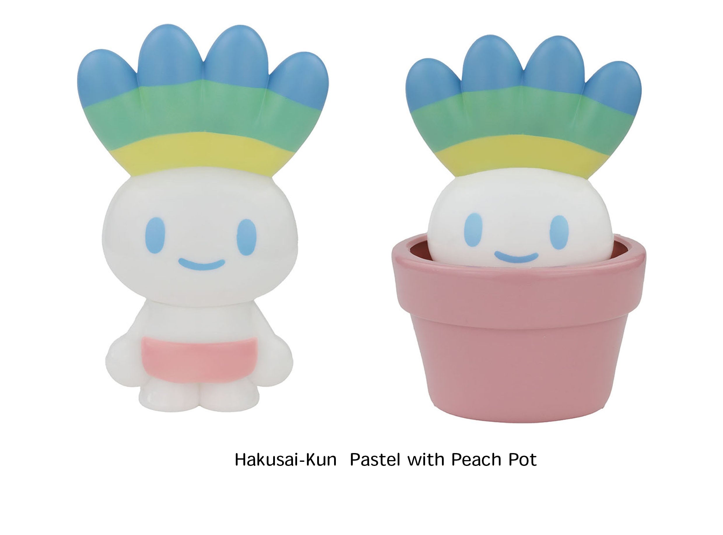 Hakusai-Kun Pastel with Peach Pot by Takitasaki, featuring a radish-inspired vinyl figure, preorder for August 2025. Includes standing figure and half-buried in pot variant.