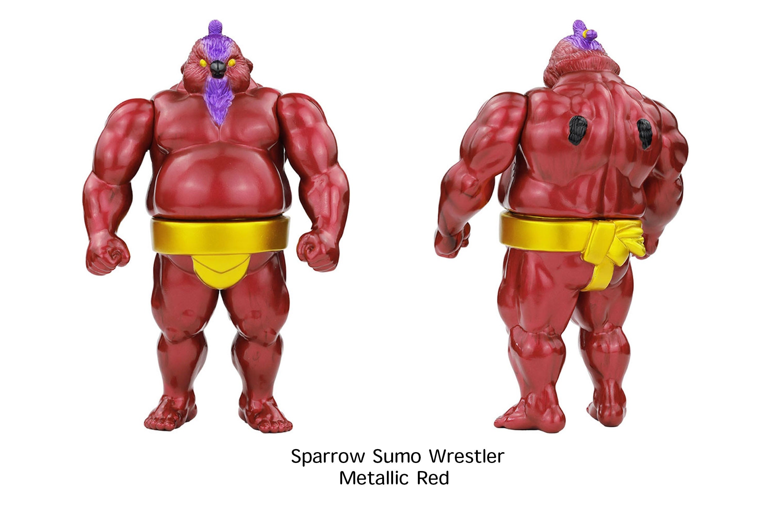 Sparrow Sumo Wrestler - Metallic Red - Preorder: 10-inch sofubi figure with sparrow head, metallic red body, yellow mawashi, purple top-knot/beard. Front and back views. Ships Aug 2025.
