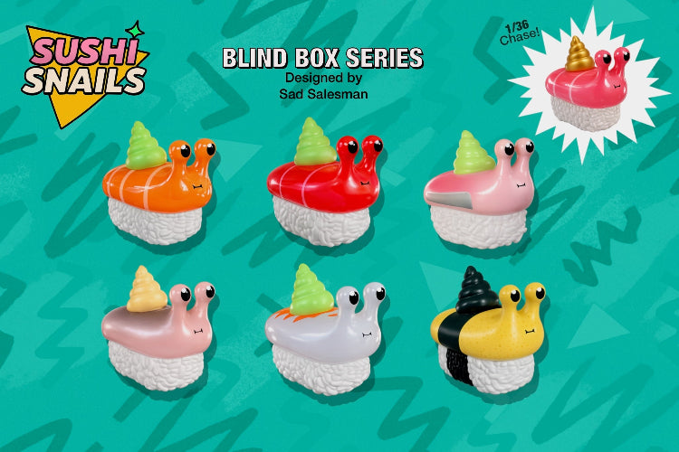Sushi-themed figurines with a teal background and 'Sushi Snails' branding.
