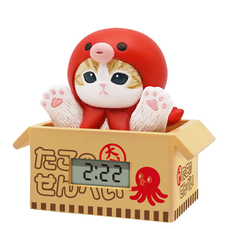 mofusand Sea Creatures Cat Watch Gacha Series: A playful desk clock featuring a cat in an octopus hood, with digital time display on a themed box.