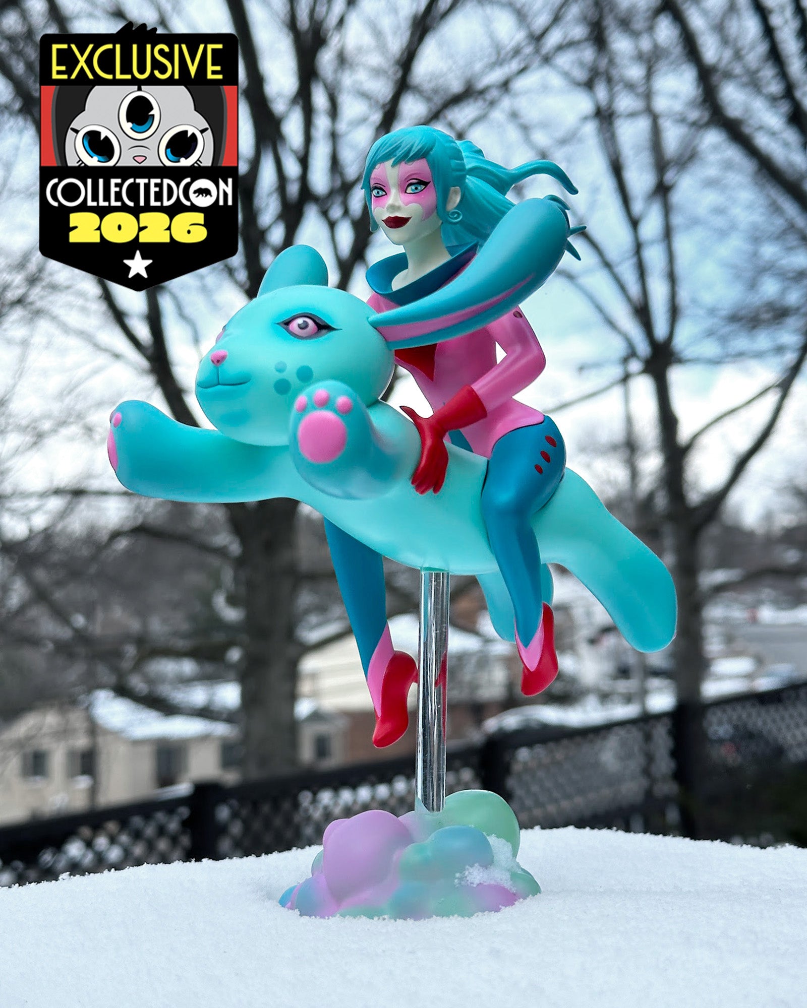 The Bunny Rider by Tara McPherson—a 6-inch resin art toy featuring a young woman on a leaping rabbit, exclusive to CollectedCon 2026.
