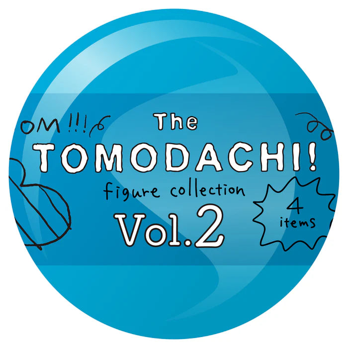 The TOMODACHI! Figure Collection Vol. 2 Gacha promotional badge, highlighting four items with playful doodles, perfect for blind box collectors at Strangecat Toys.
