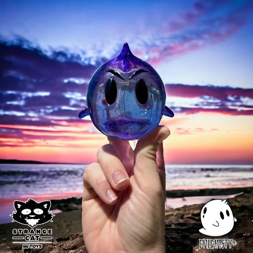 Hand holding The Evil One - Purple Galaxy by Evil Ghosty, a 3.5 high-grade resin toy with glitter inside, limited to 50 pieces.