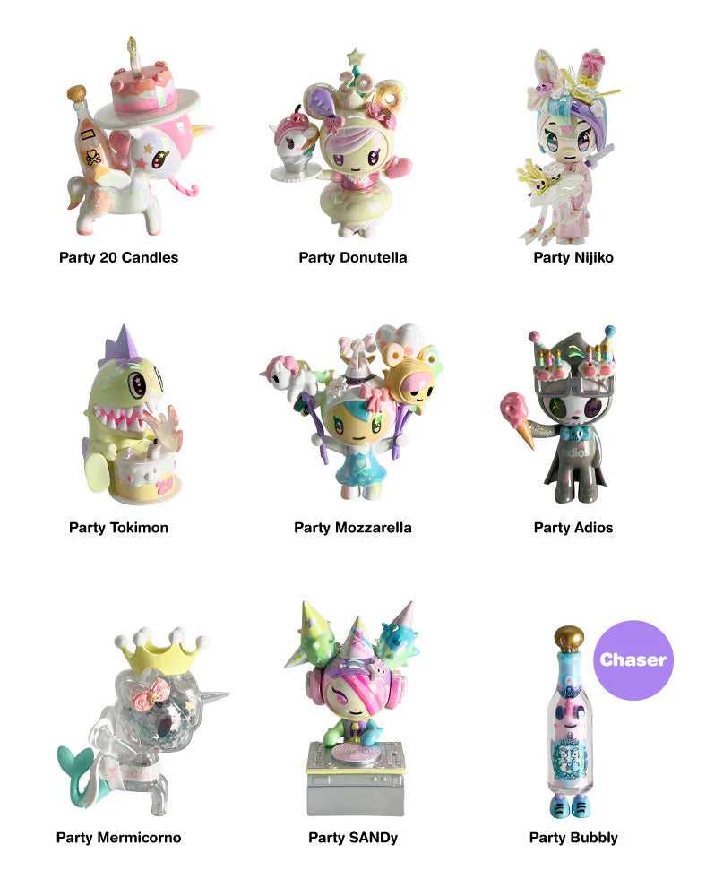 Tokidoki 20th Anniversary Blind Box featuring nine stylized party-themed vinyl figures, including Party 20 Candles, Donutella, and chaser Party Bubbly, celebrating iconic characters.