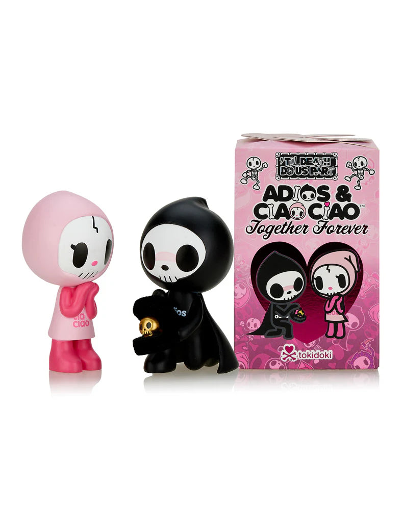 Adios & Ciao Ciao: Together Forever Blind Box Series featuring pink and black toy figures beside a themed box, ideal for Tokidoki collectors.
