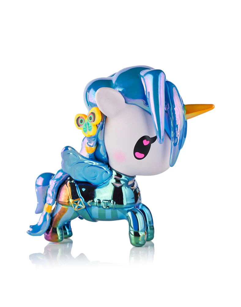 tokidoki x ARCANE Unicorno Black Light Chrome Blind Box: Glossy unicorn figurine with iridescent finish, golden horn, blue mane, and butterfly ornament. Glows under black light.