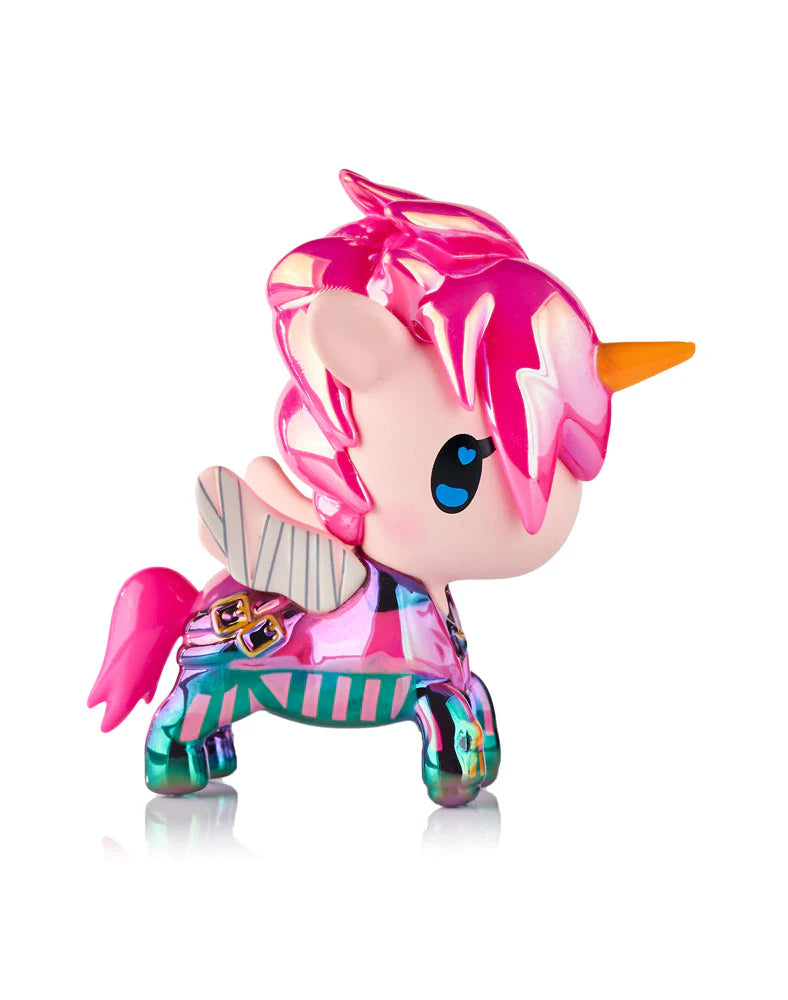tokidoki x ARCANE Unicorno Black Light Chrome Blind Box figure featuring a vinyl unicorn with pink mane, orange horn, white wings, iridescent body, and blue heart eye.