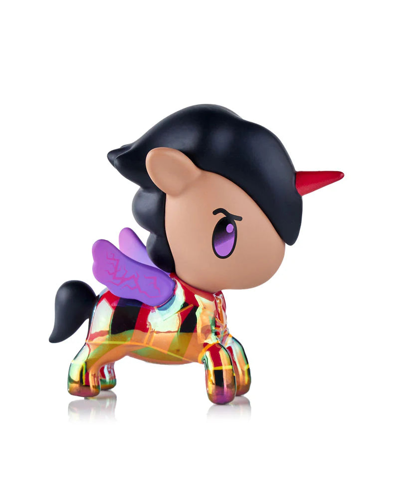 Stylized vinyl figure from tokidoki x ARCANE Unicorno Black Light Chrome Blind Box, featuring a red-and-gold holographic unicorn-pegasus hybrid, glowing under black light.