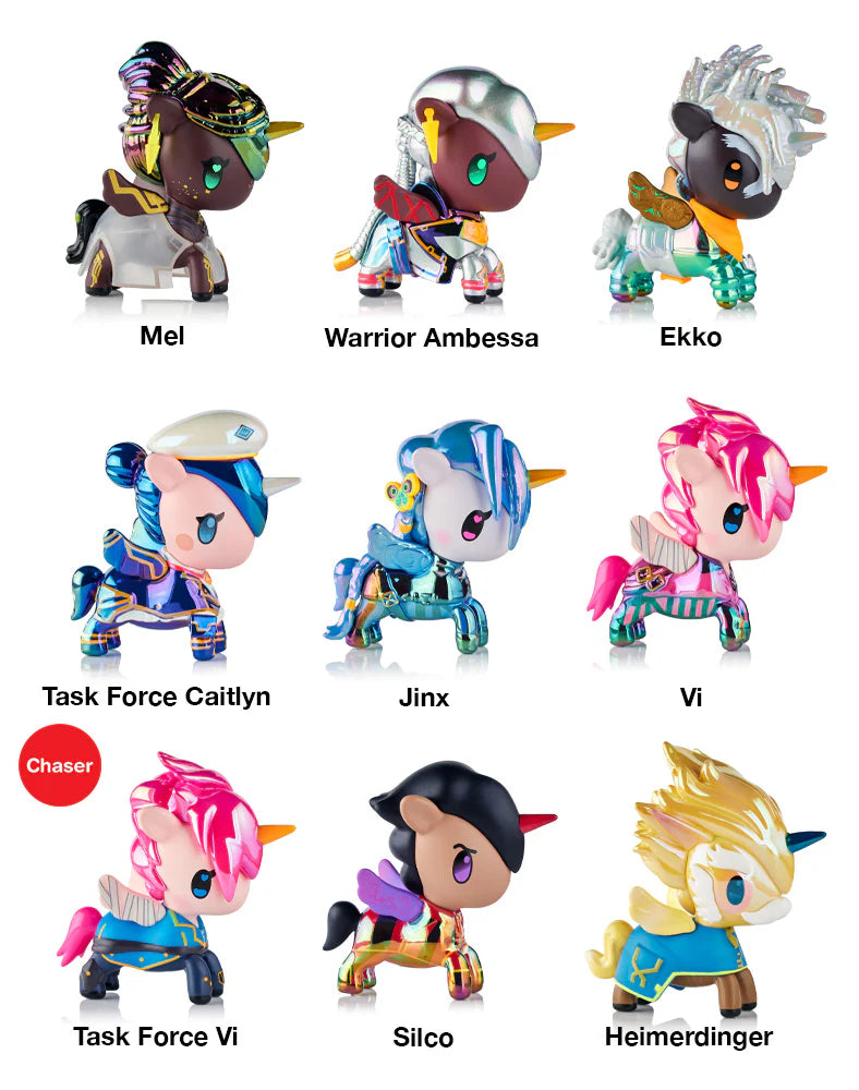 Tokidoki x ARCANE Unicorno Black Light Chrome Blind Box set featuring nine collectible figures styled after League of Legends champions, glowing under black light.