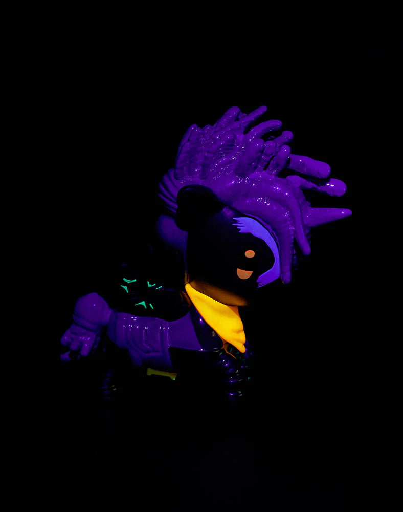 tokidoki x ARCANE Unicorno Black Light Chrome Blind Box toy, featuring a neon-purple mane, glowing under UV light, embodying Arcane’s vibrant characters.